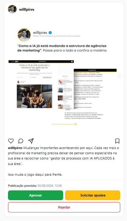 Tela real de aprovação do Soma10: o cliente vê o post completo, com carrossel e legenda, e escolhe entre Aprovar, Solicitar ajustes ou Rejeitar